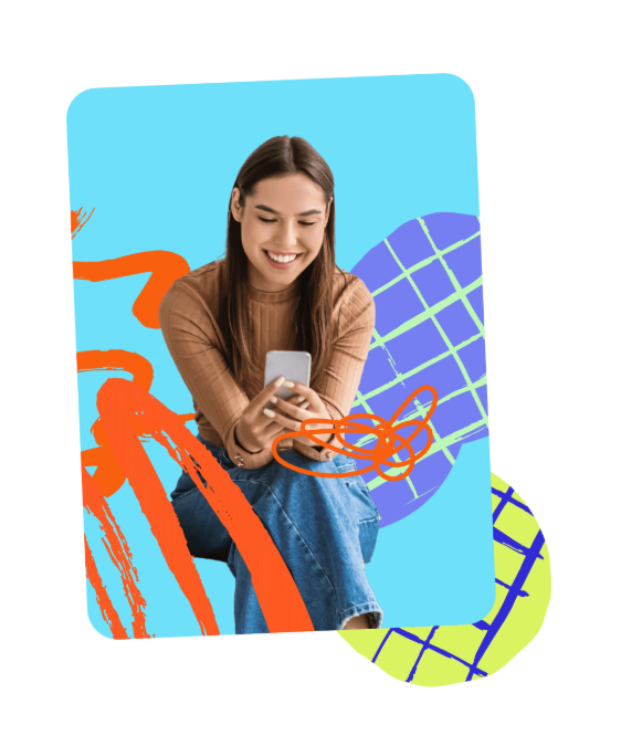 Smiling creator using her phone against a colorful graphic backdrop