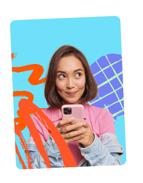 Creator holding a pink phone against a colorful graphic backdrop
